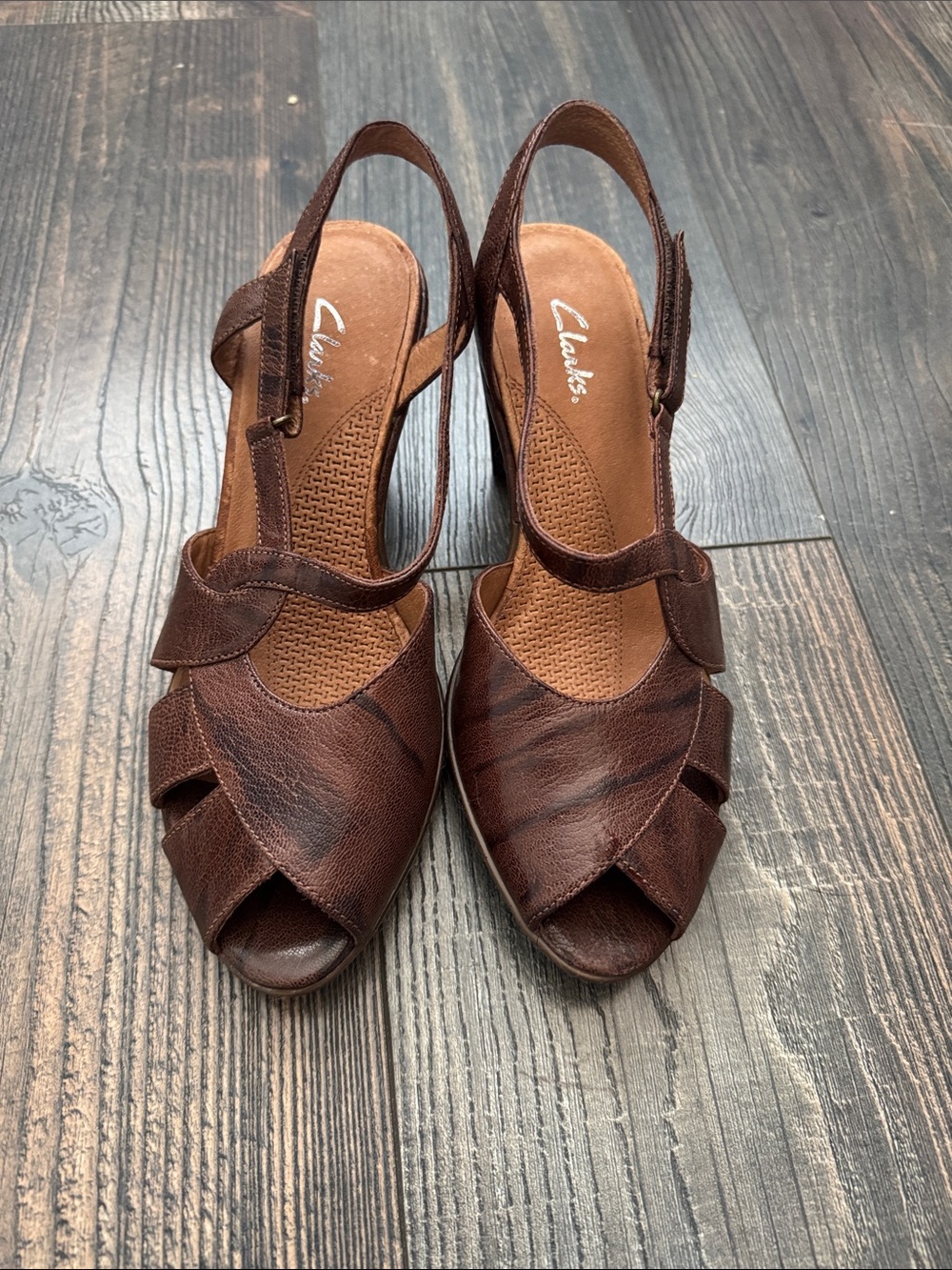 Clarks Women's Dark Brown Leather Peep-Toe Slingback Heels